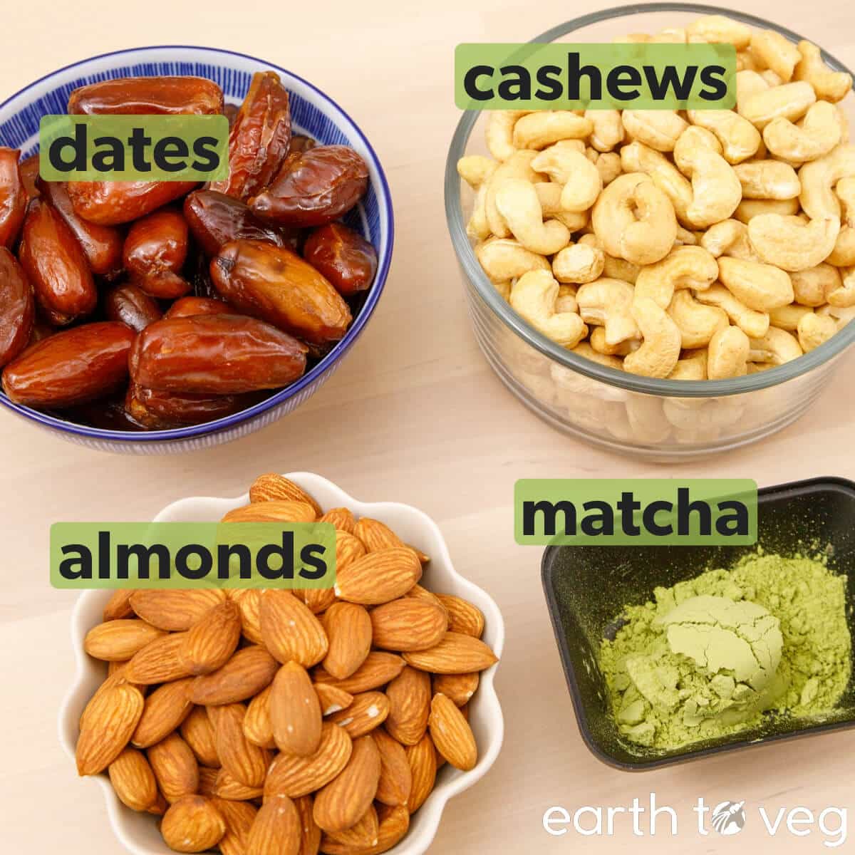 Ingredients for homemade Matcha Larabars on a wooden tabletop.