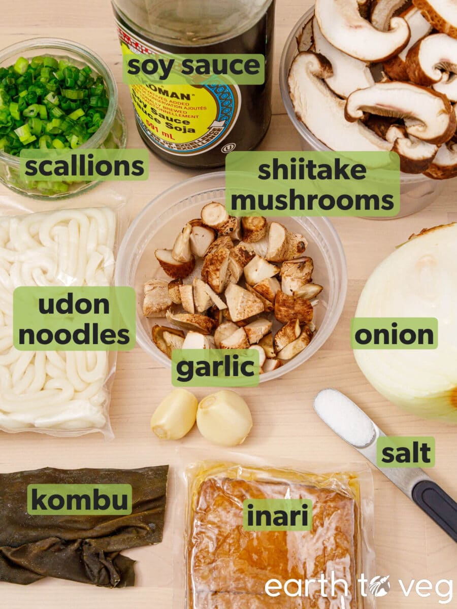 Ingredients for shiitake mushroom udon noodle soup.