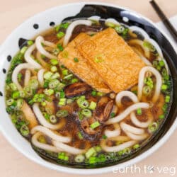 Shiitake udon soup topped with green onions and inari (fried tofu pockets).