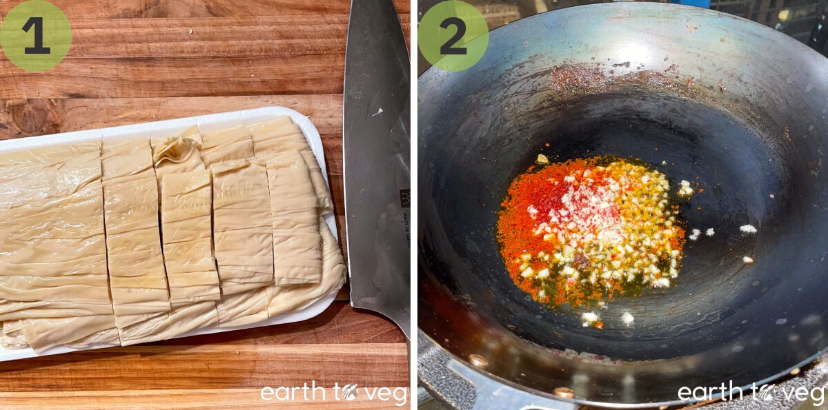 The fresh tofu skin is sliced into pieces and meanwhile the spices are heated in the wok.