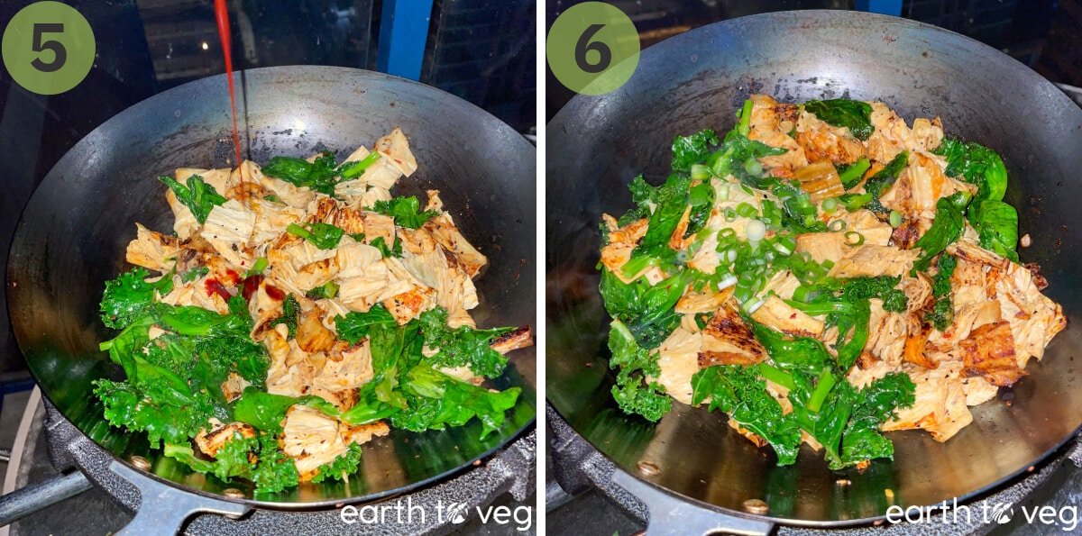 Stir fried tofu skin and greens in the wok.