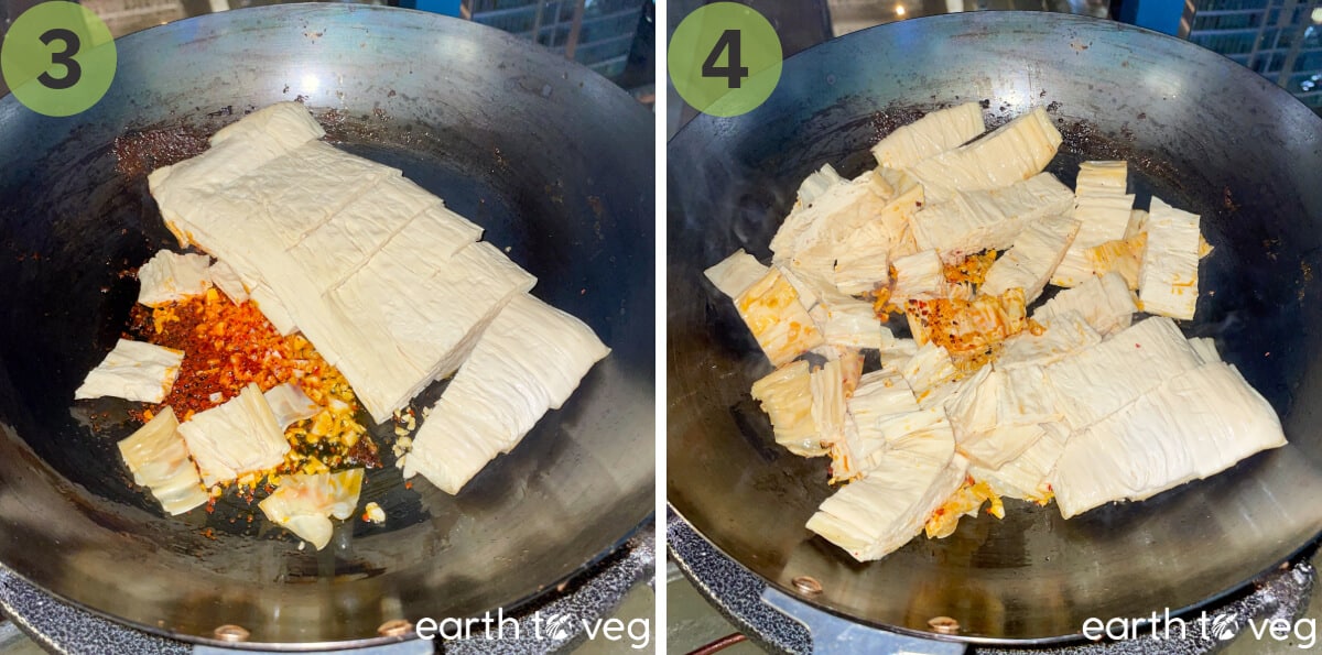 Stir frying the fresh tofu skin in the wok.