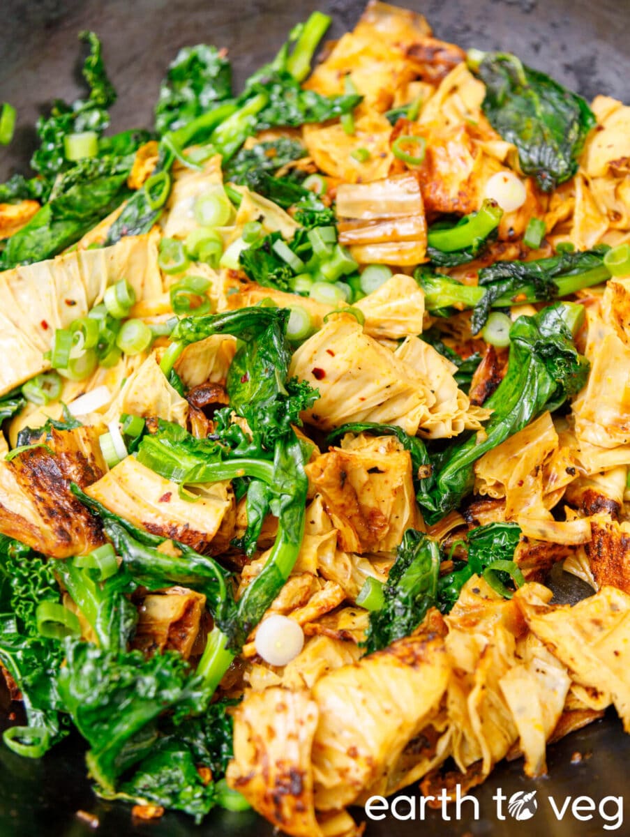 Tofu skin and greens stir fry.
