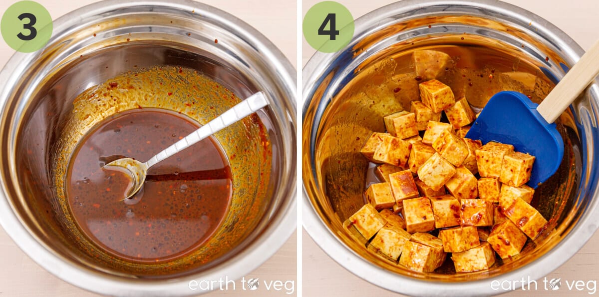 Tofu cubes are tossed in a miso glaze.