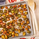 Sheet pan miso tofu brussels sprouts.