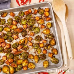 Sheet pan miso tofu brussels sprouts.