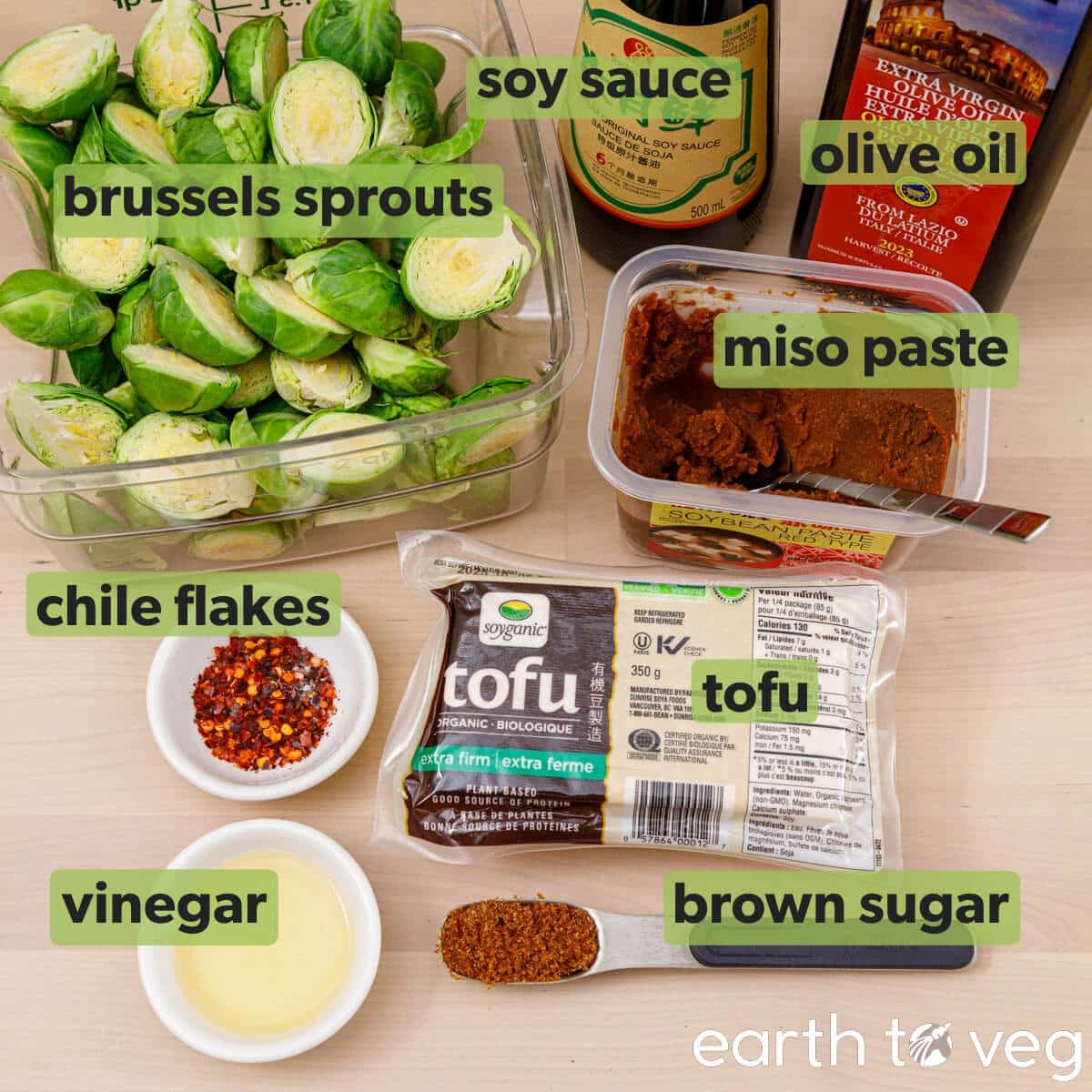 Ingredients for roasted miso tofu brussels sprouts.