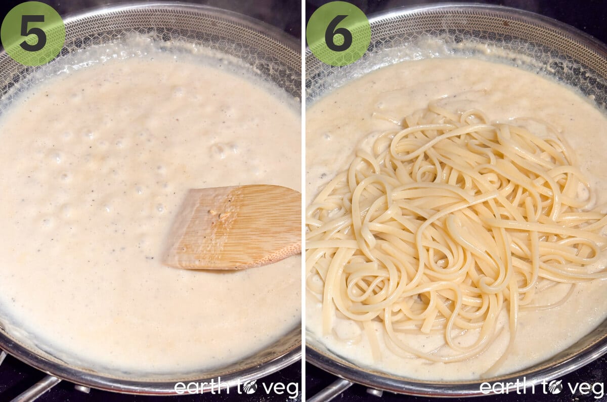 Soy milk is simmered in the garlic roux until it thickens into a sauce, then it's ready for pasta to be tossed in.