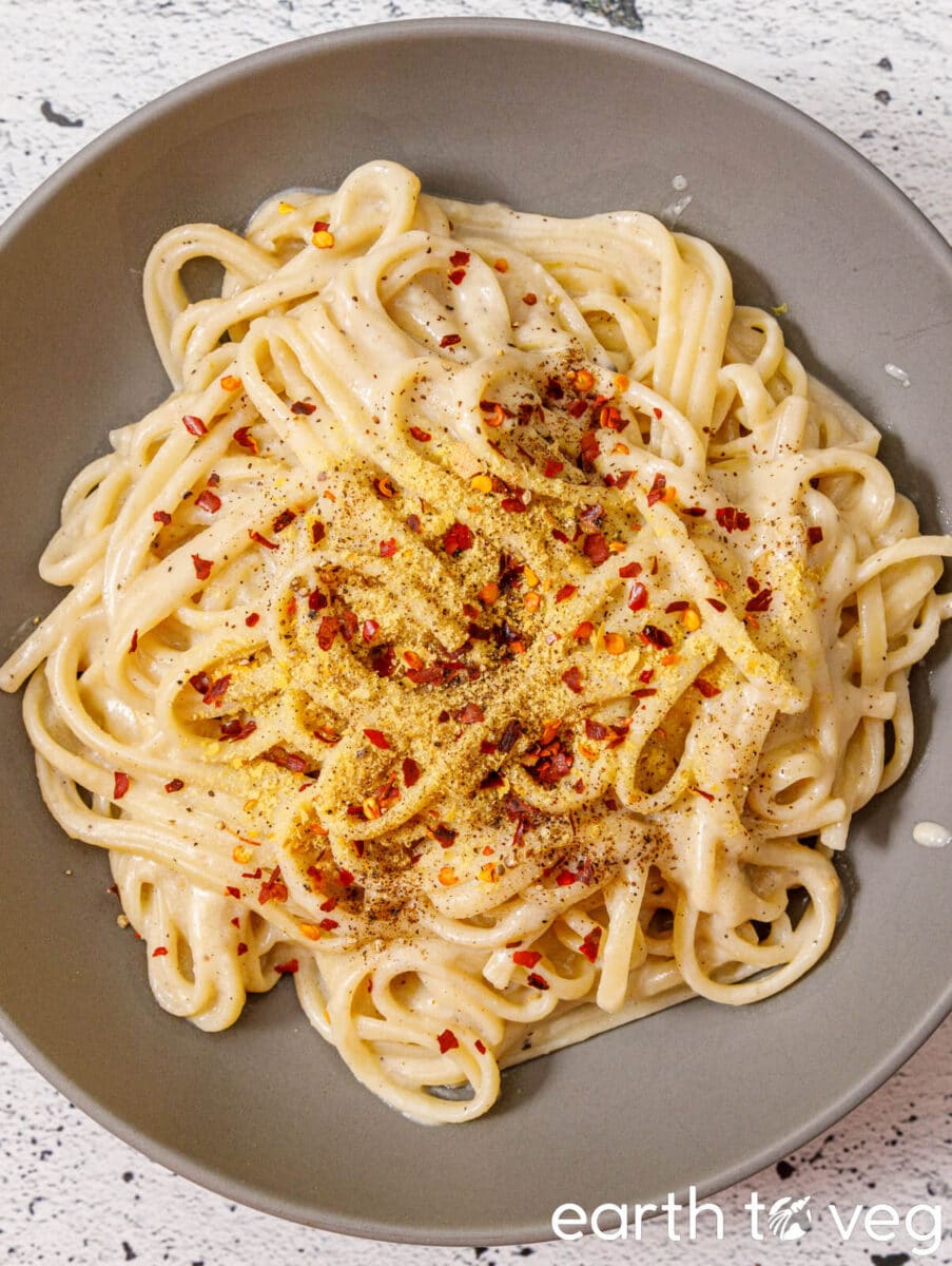 A plate of dairy-free alfredo pasta sauce sprinkled with red pepper flakes and nooch.