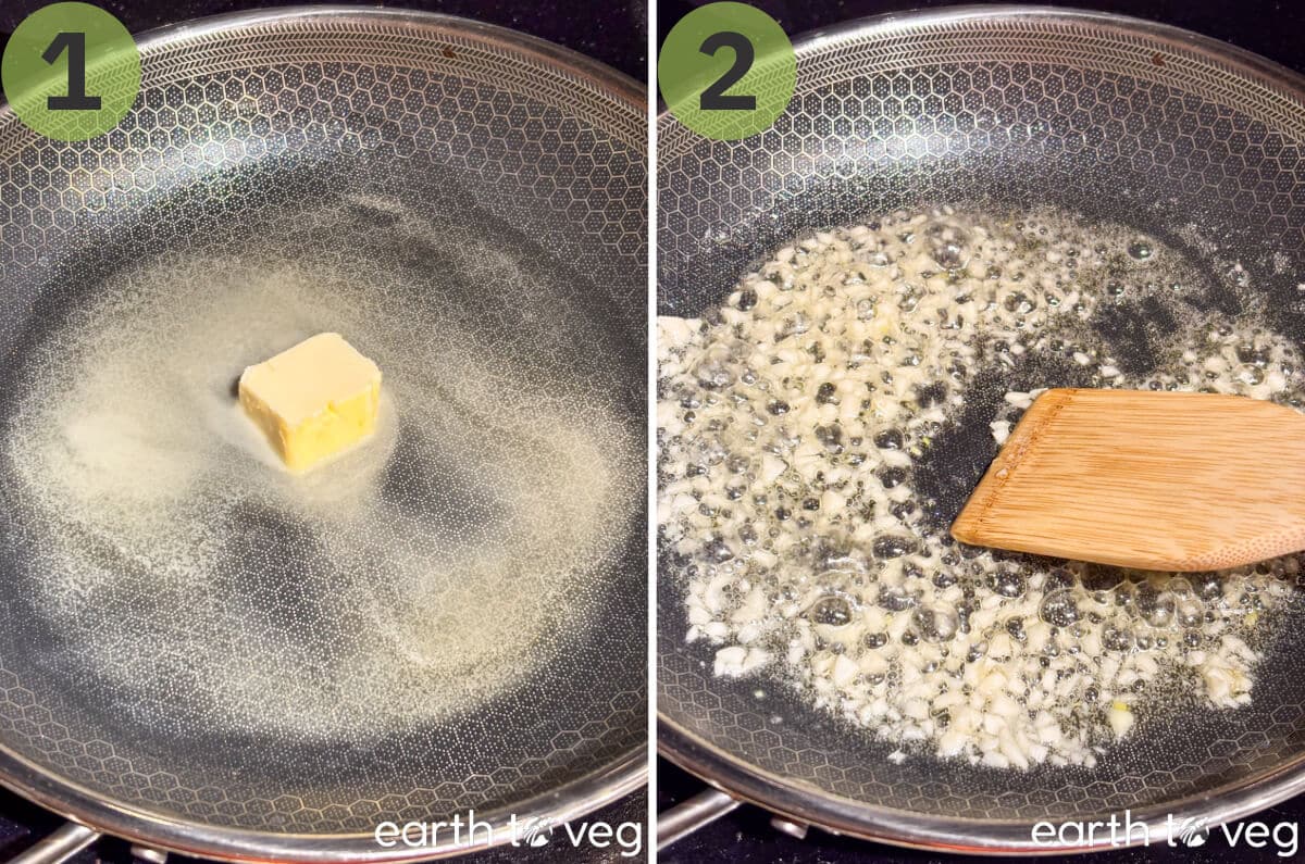 Garlic is sauteed in vegan butter in a skillet.