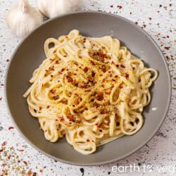 A heaping bowl of soy milk alfredo pasta.