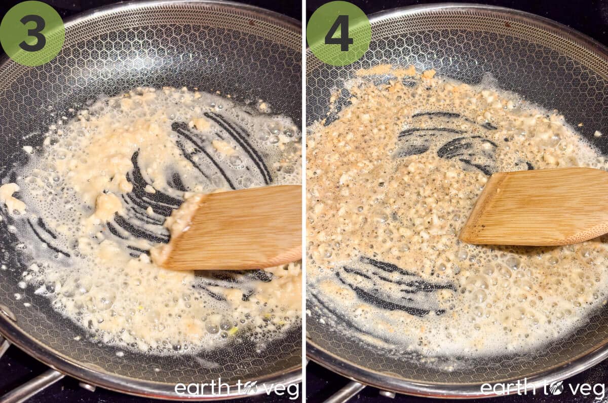 Flour is whisked into the butter to make a roux.