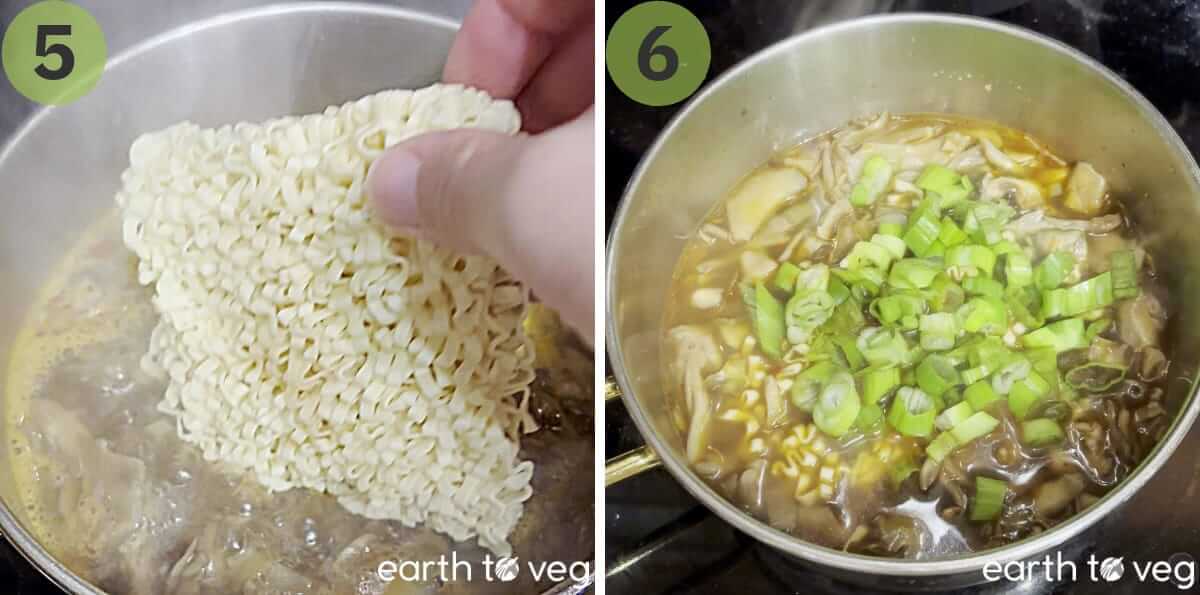 Dried ramen noodles are added to the simmering broth.