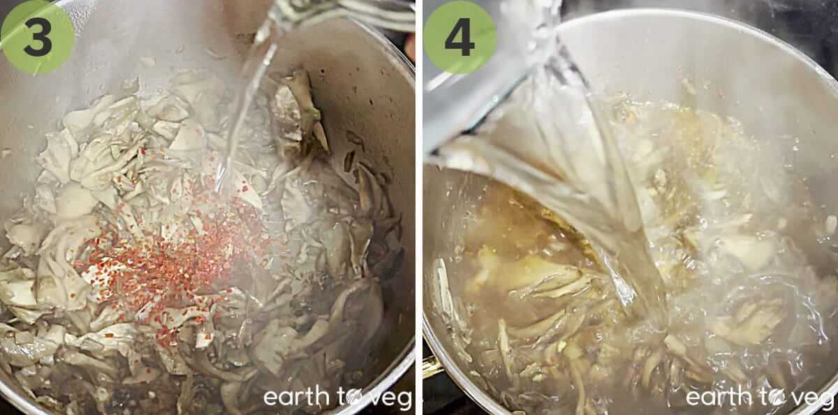 Chili flakes and mushroom stock are added to the pot.