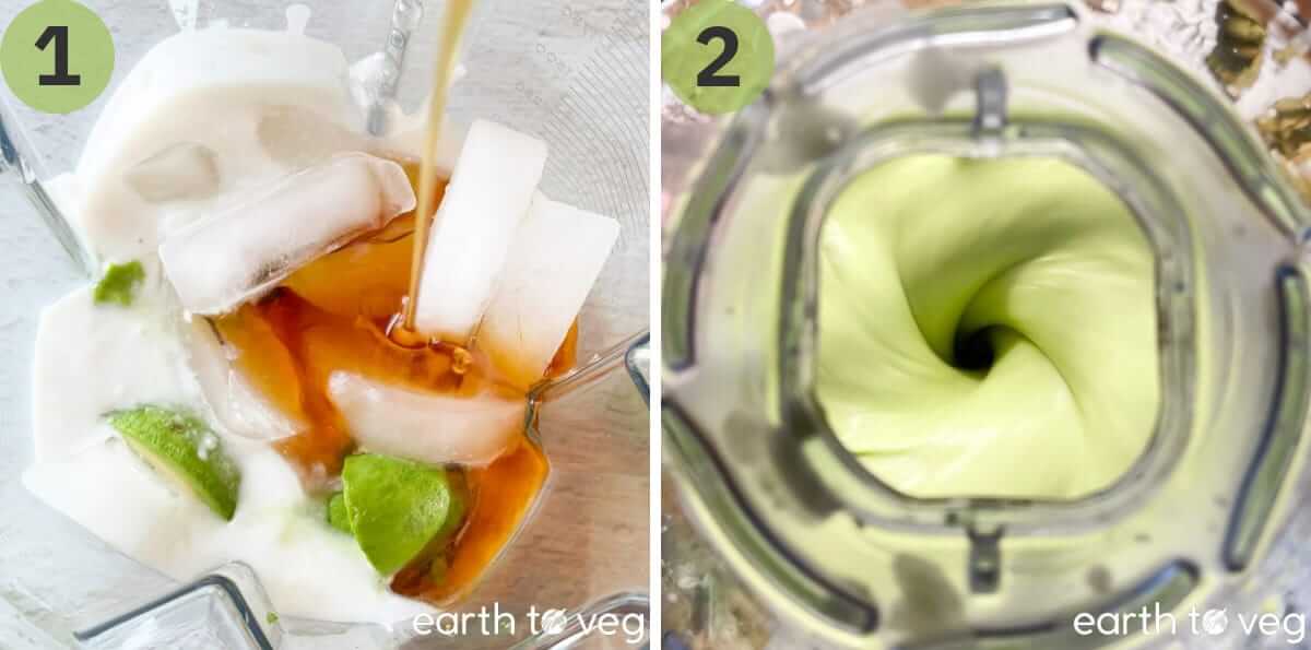 Photo instructions for blending an avocado smoothie.