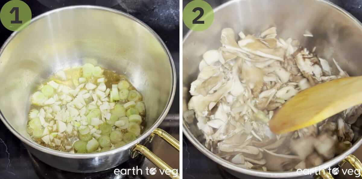 Scallions, garlic, ginger, and maitake mushrooms are sauteed in a small stockpot.
