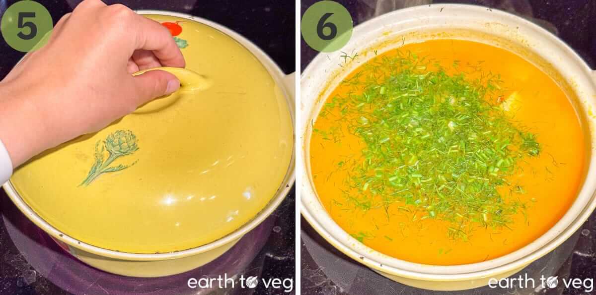Fresh dill is added to the cooked zupa koperkowa.