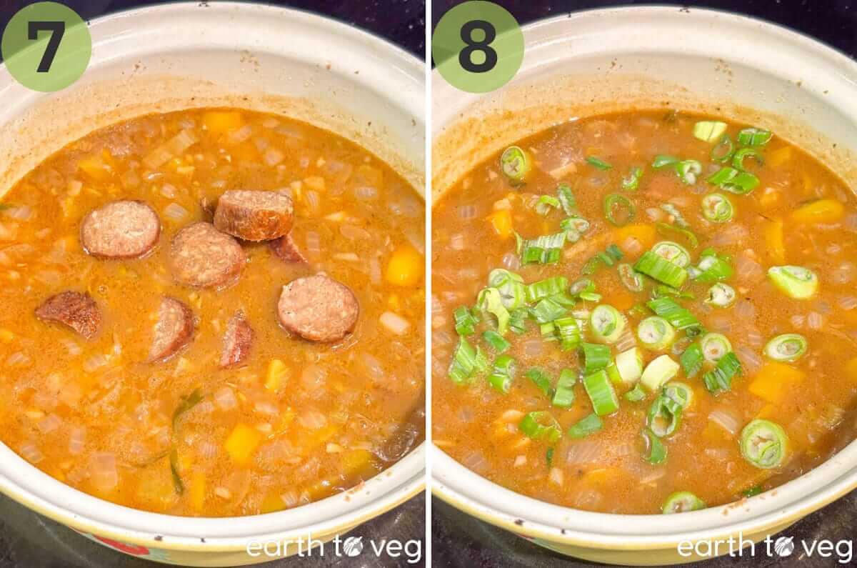 Adding the vegan sausage and scallions to the gumbo.