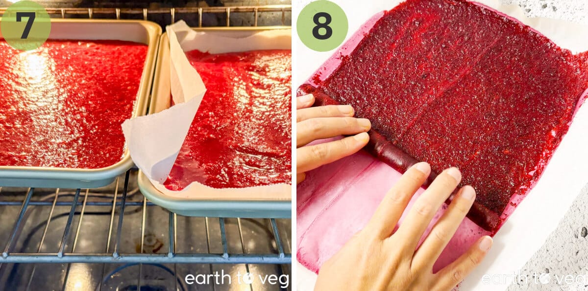 The cherry leather is dehydrated in the oven, then rolled into a fruit rollup.