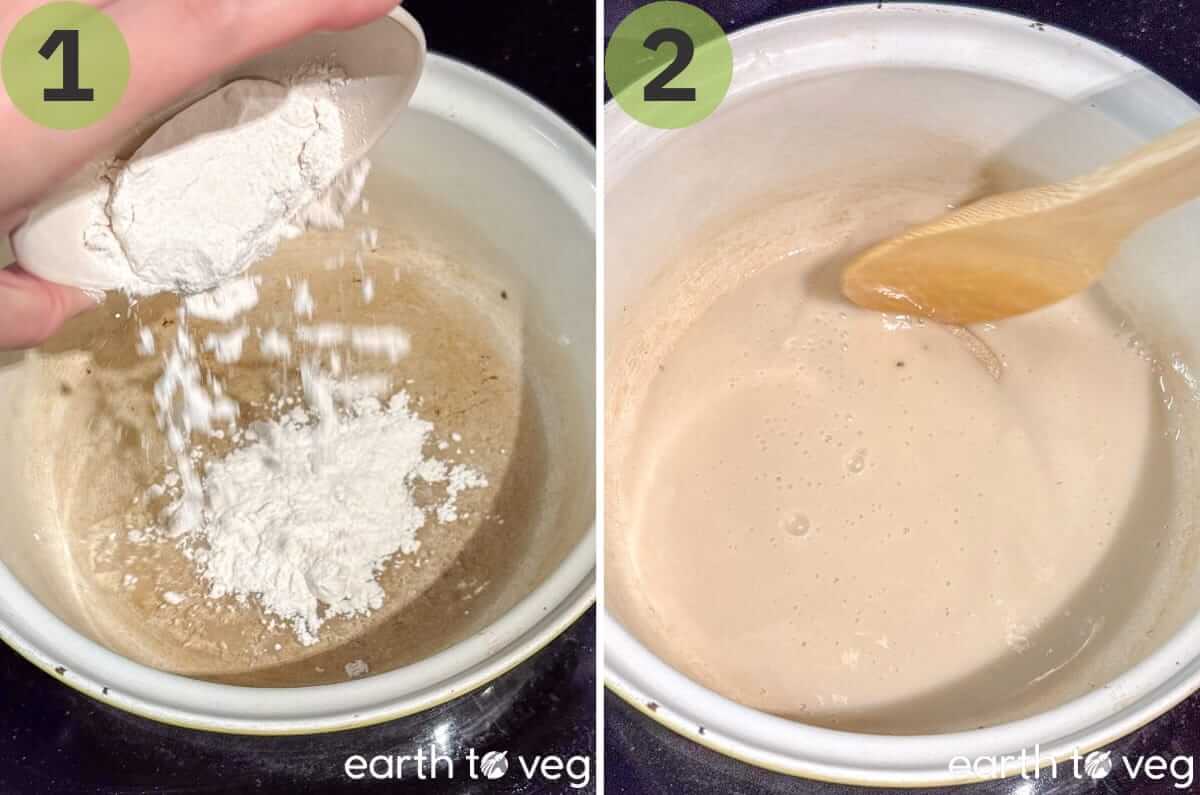 Adding flour to hot oil to make a gumbo roux.