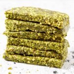 A stack of homemade matcha date bars.