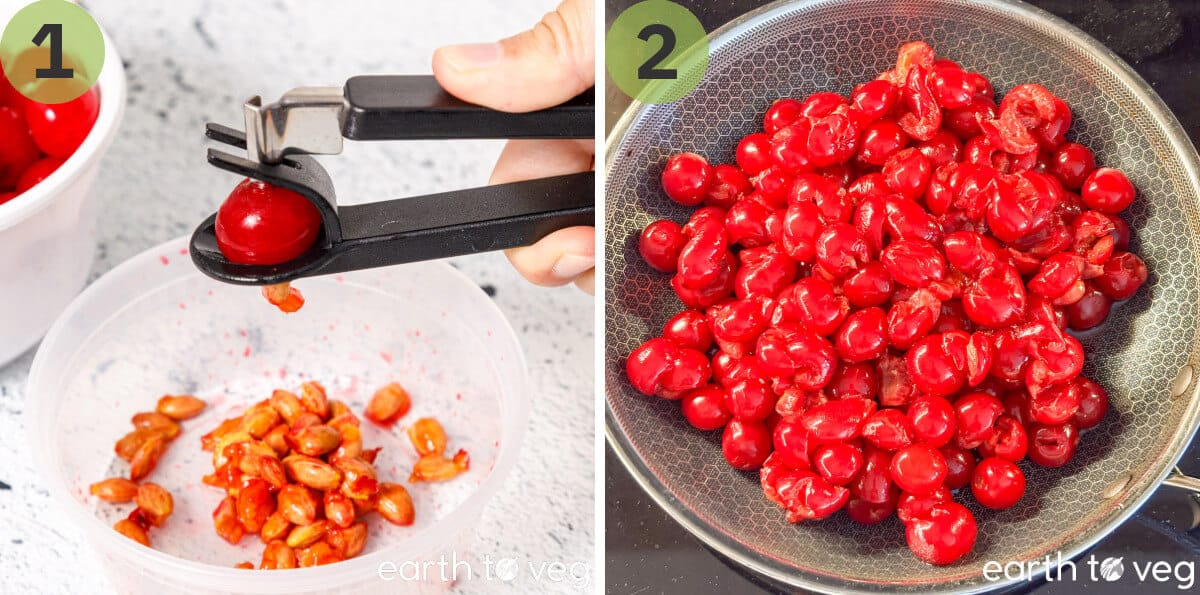 Fresh sour cherries are pitted and added to a saucepan.