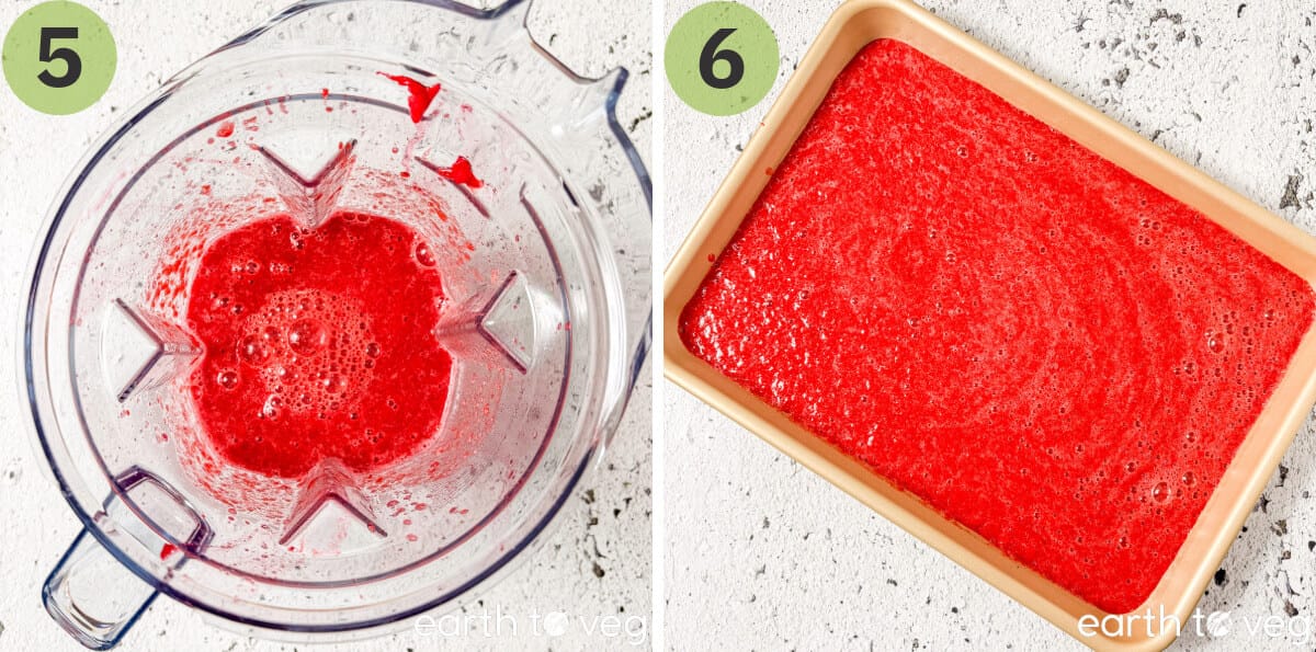Cherries are blended into a smooth puree and poured into a baking pan.