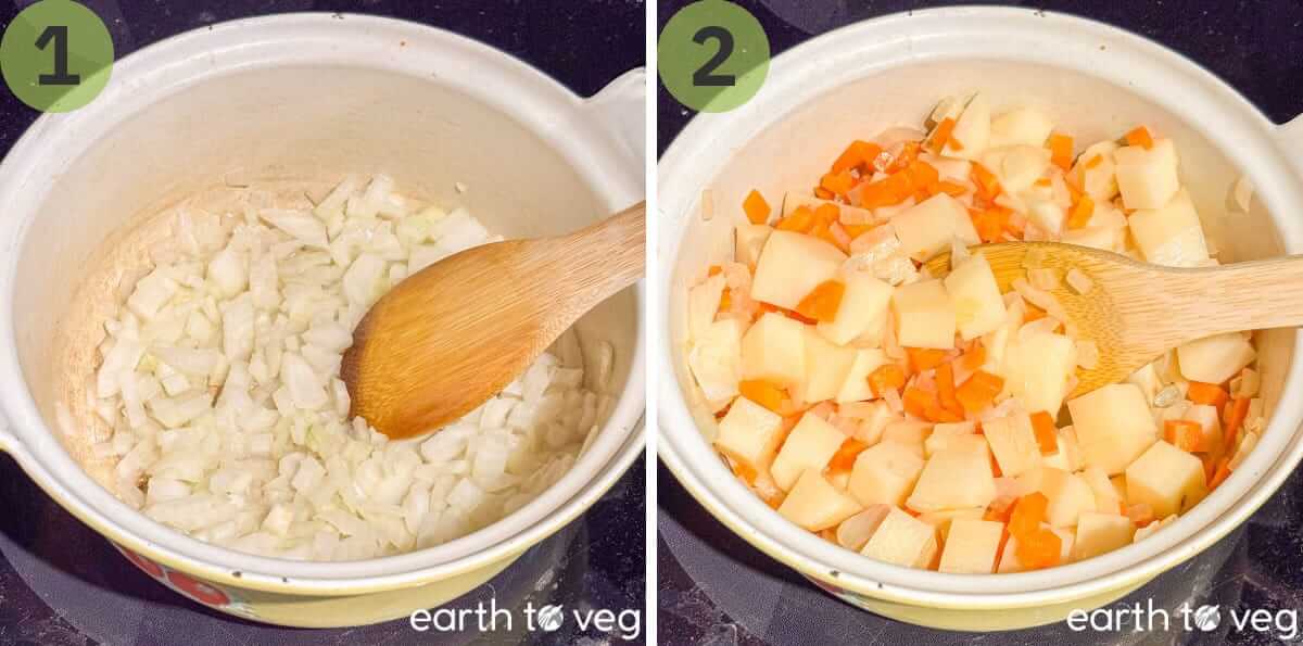 Onions, potatoes, and carrots are sauteed in a Dutch oven.