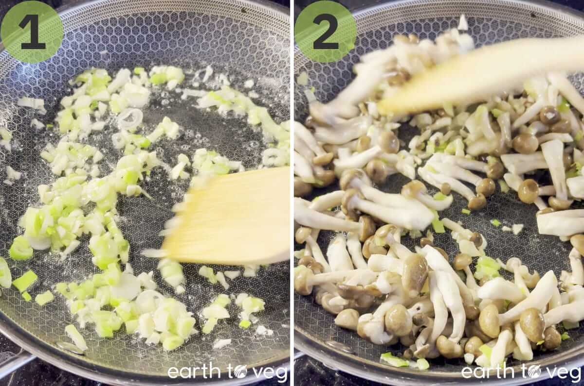 The scallions and garlic are sauteed until aromatic, then the mushrooms are added.