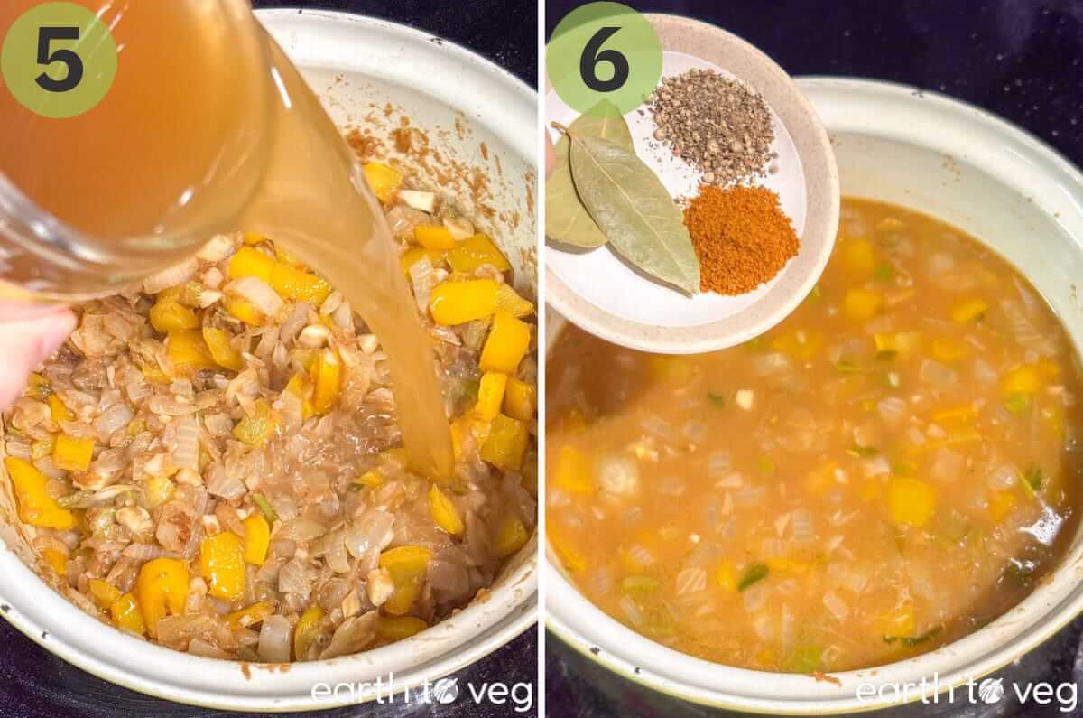 Adding vegetable stock and seasonings to the gumbo.