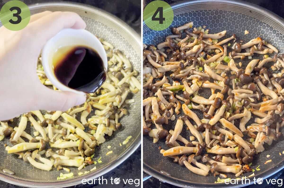 The shimeji mushrooms are seasoned with black pepper and soy sauce.
