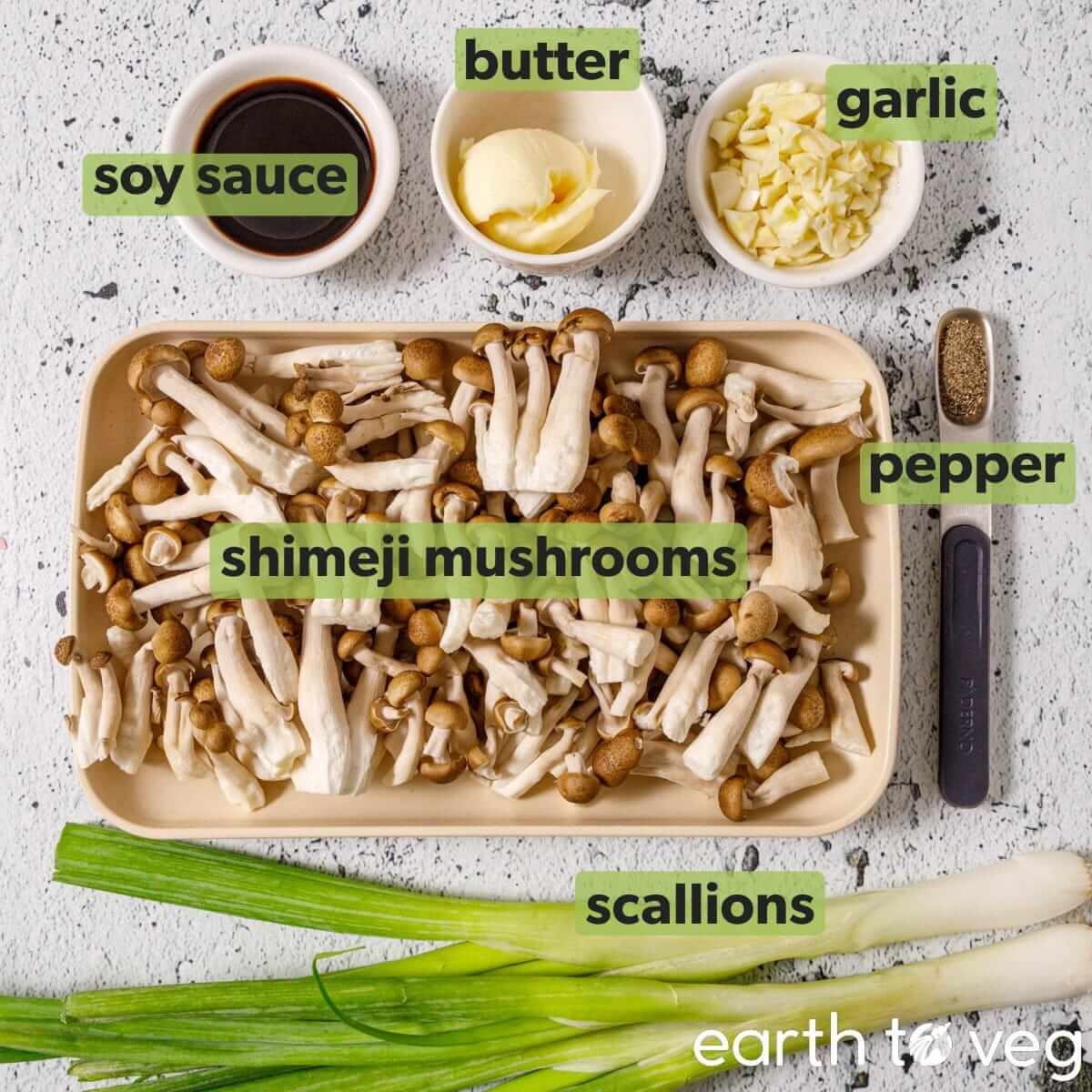 Ingredients for shimeji mushroom stir fry laid out on the table.