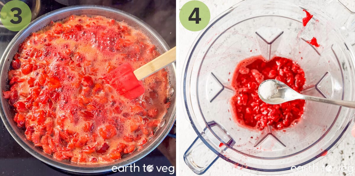 The sour cherries are simmered and put into a blender with some salt.