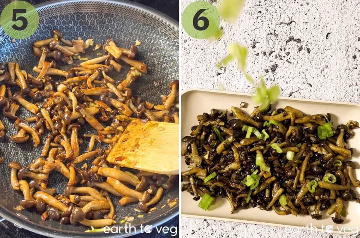 The mushrooms are pan fried until golden brown, then topped with scallions.