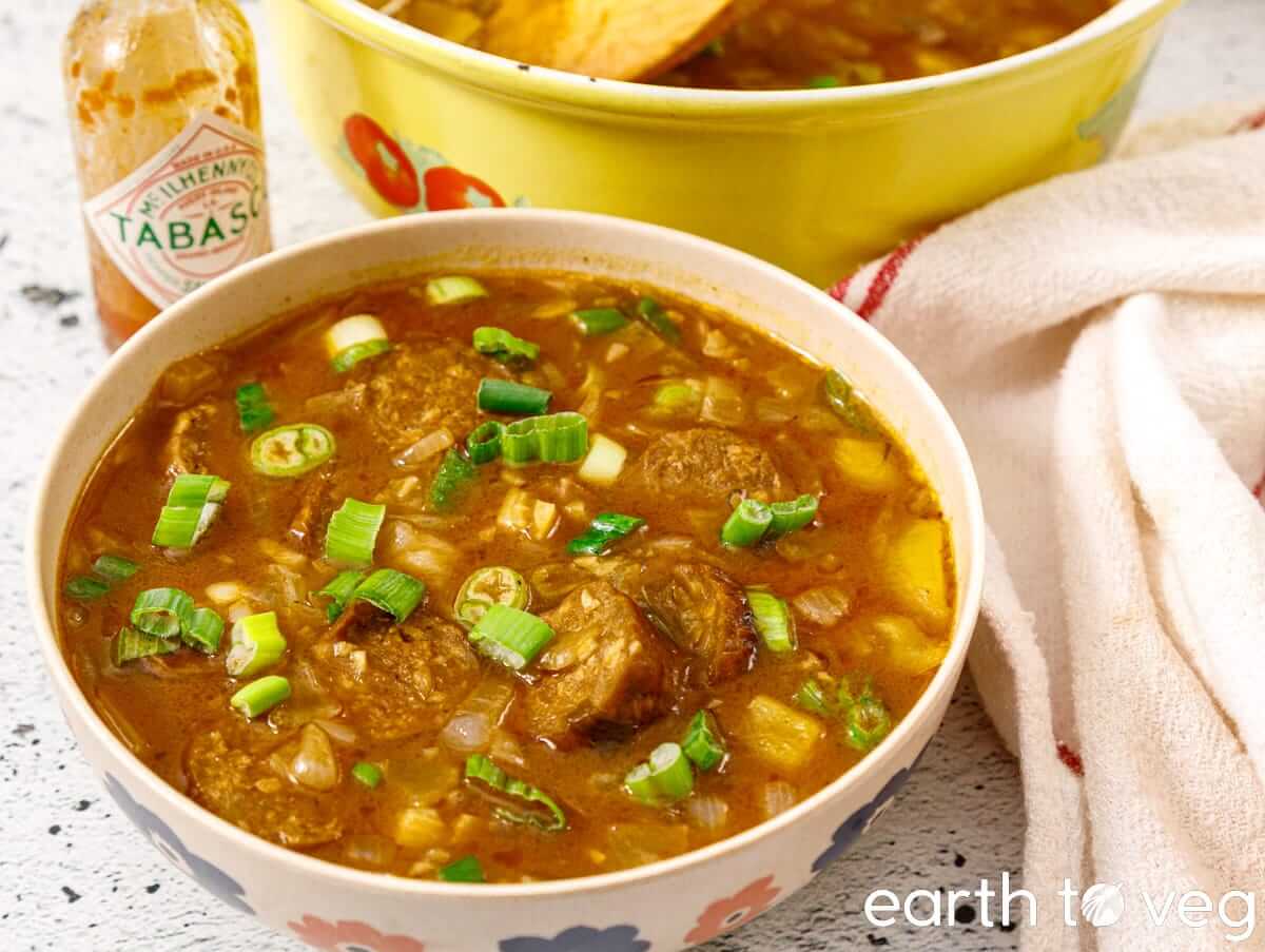 A hearty bowl of vegan gumbo with okara sausage.