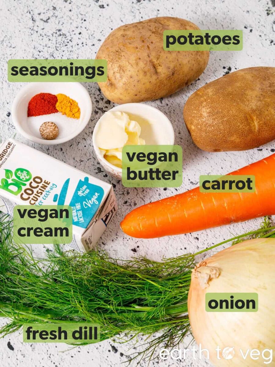 Ingredients for Polish potato dill soup laid out on the kitchen counter.