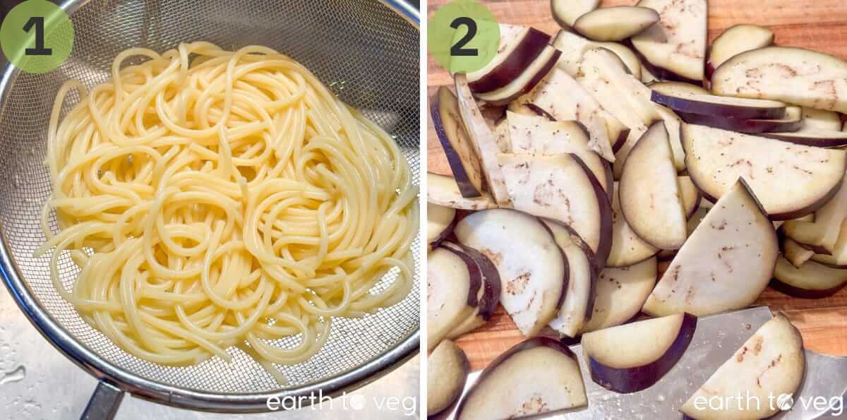 Boiled pasta is drained in a strainer, and some eggplants are thinly sliced for the sauce.