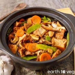 Chinese red braised tofu in a clay pot.