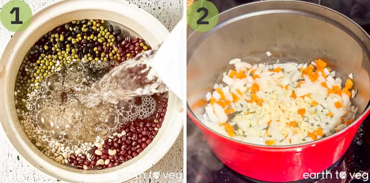 Beans are cooked while the onions and carrots are sauteed.