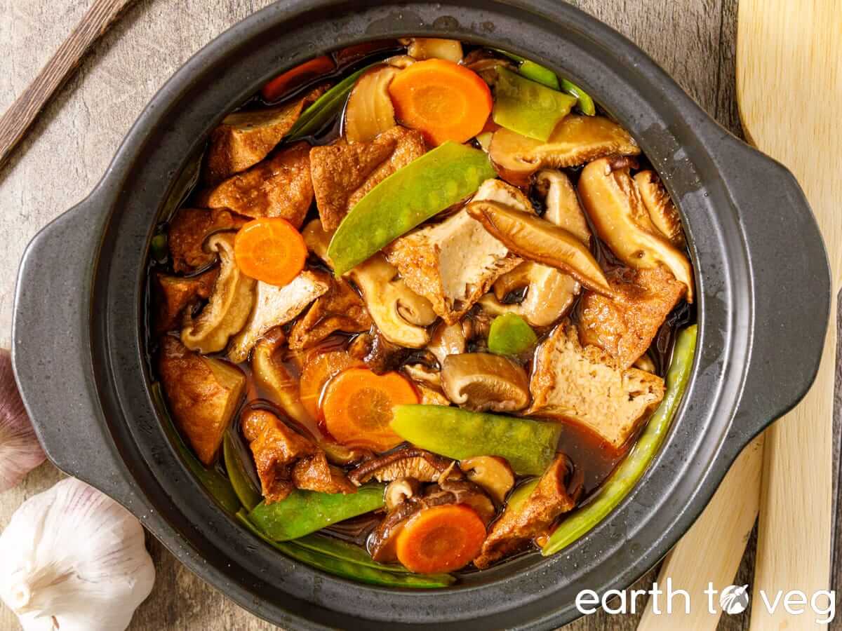 Braised Chinese Tofu in a traditional clay pot.