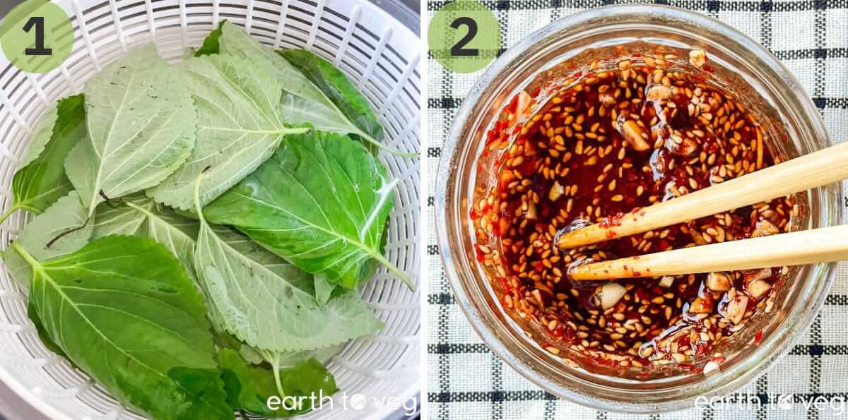 Perilla leaves are washed while the marinade sauce is mixed together.