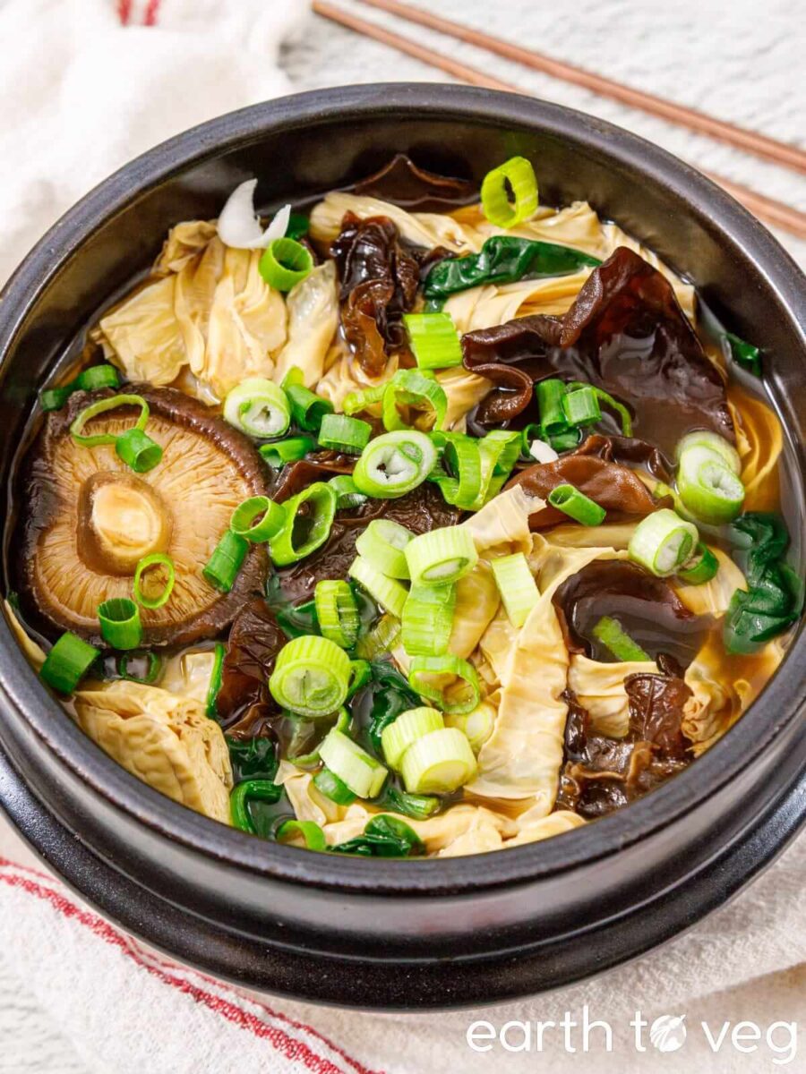 A fresh yuba soup packed with shiitake mushrooms and wood ear fungus.