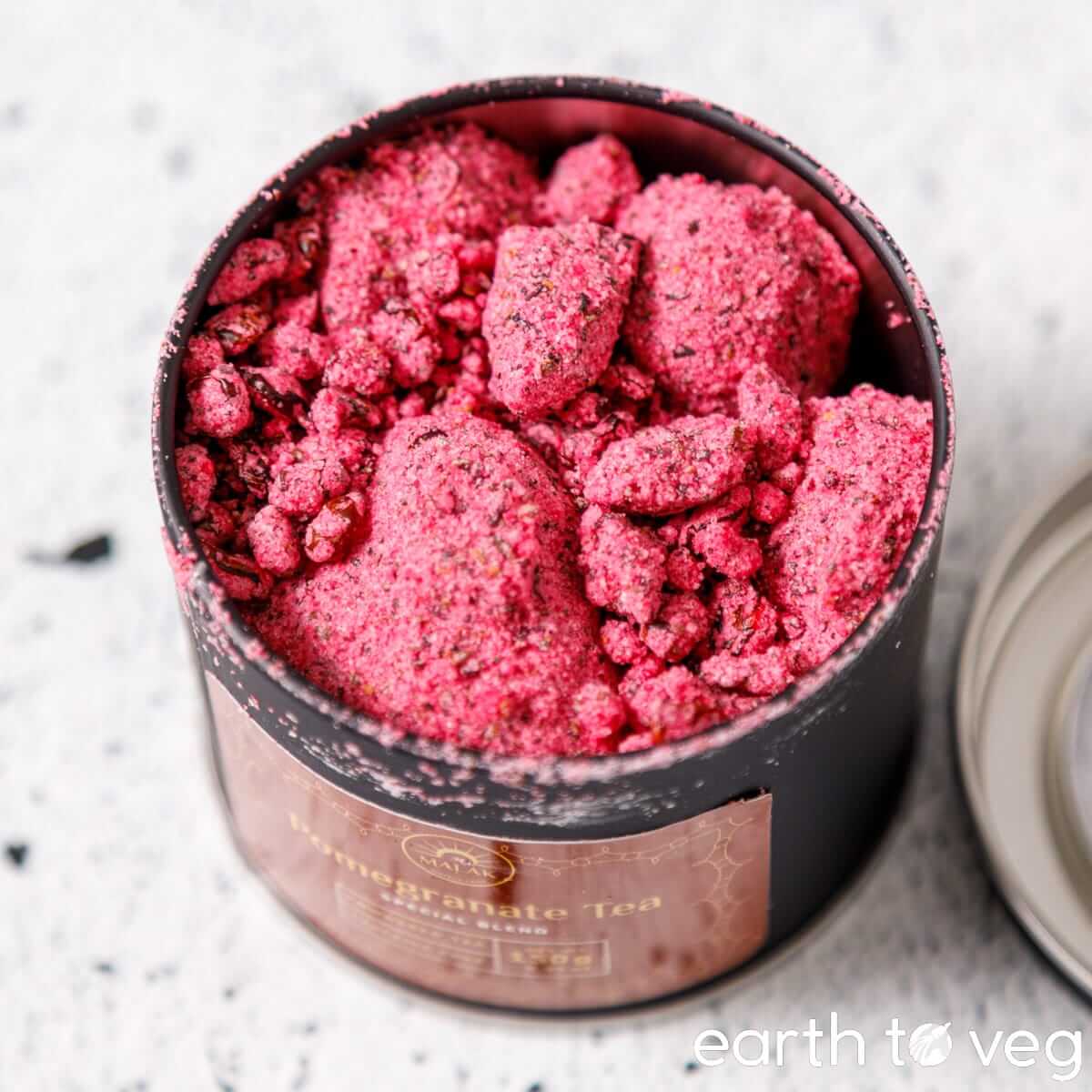 Canister of Turkish pomegranate tea granules.