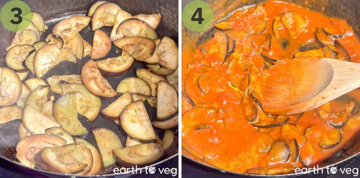 The eggplants are sauteed until brown, then marinara sauce is added.