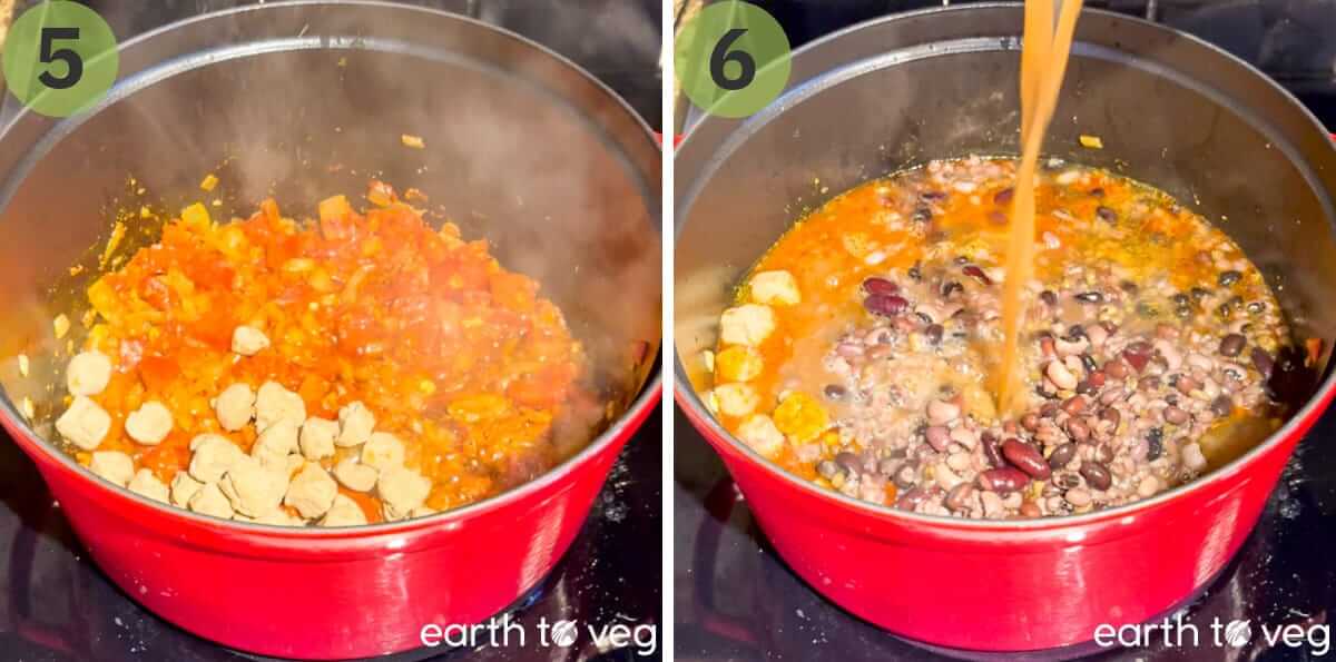 Soya chunks and vegetable stocks are poured into the pot.