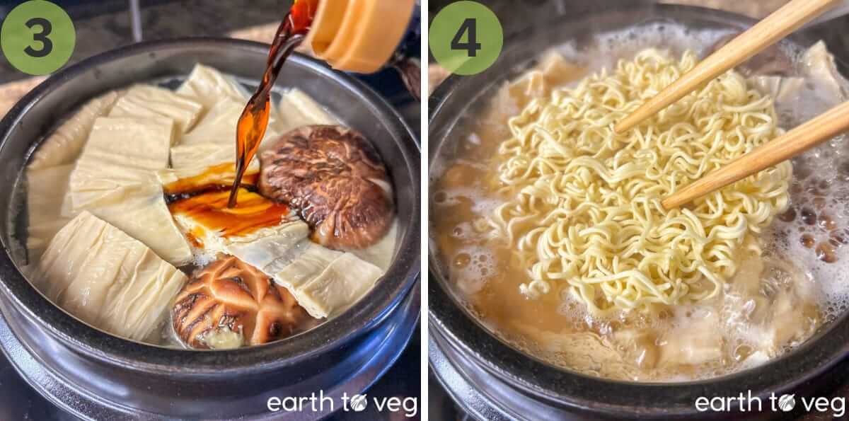 Simmering yuba tofu skin noodle soup.