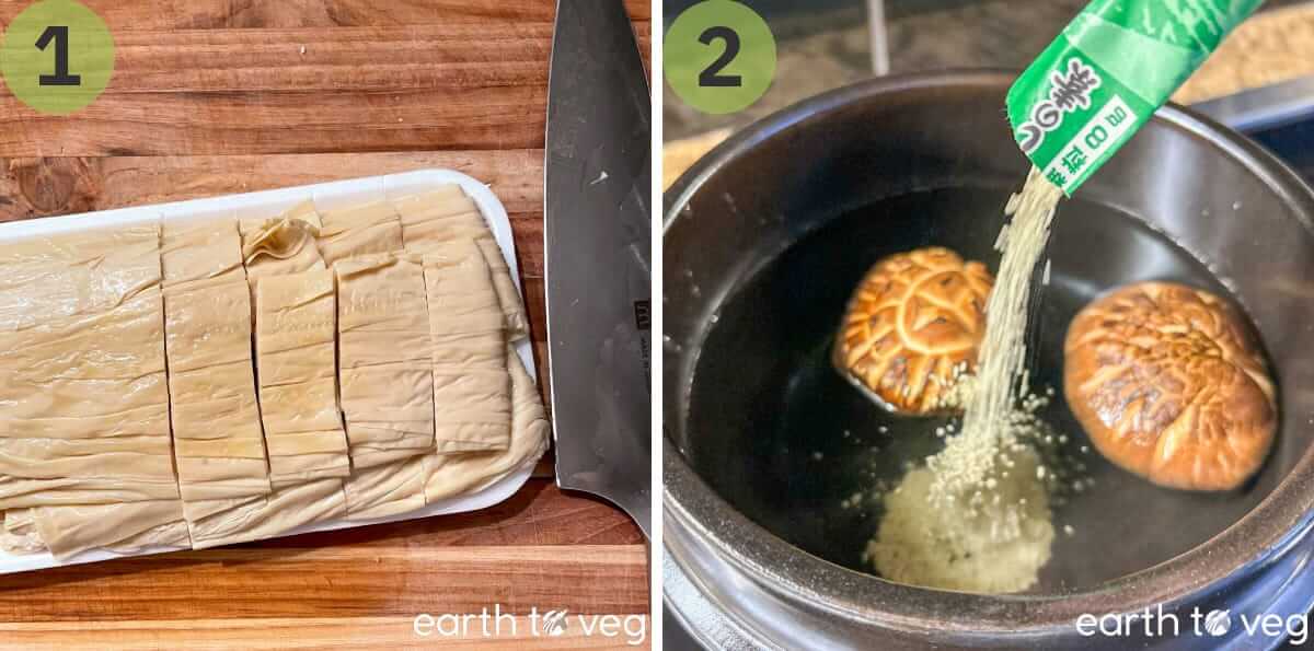 Slicing tofu skin and making a quick kombu stock.