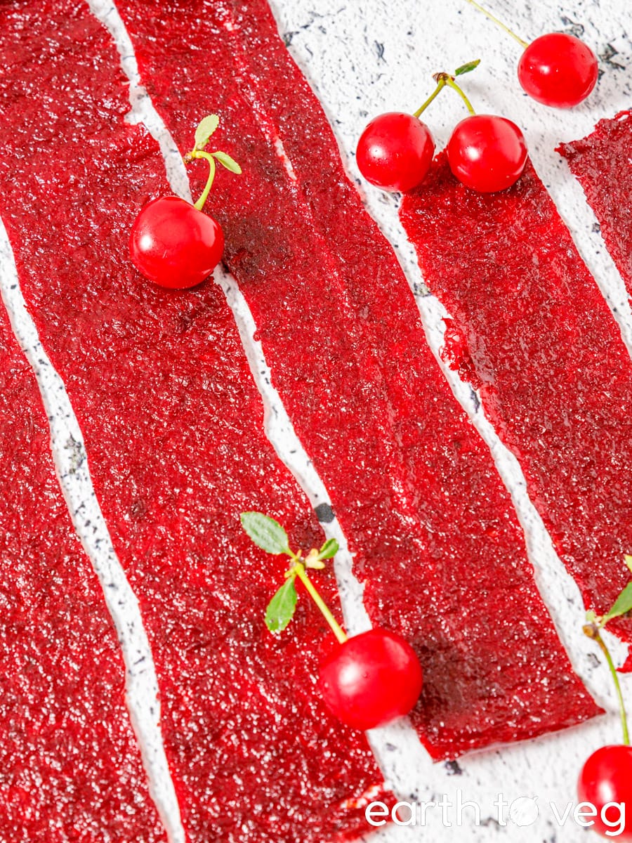 Homemade sour cherry leather strips.
