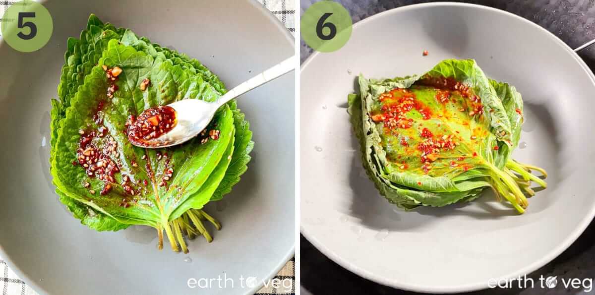 Korean perilla leaves are brushed with sauce and steamed to cook.