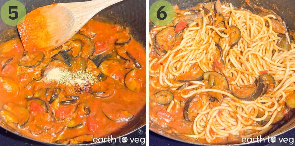The cooked pasta noodles are tossed in the eggplant marinara mixture.
